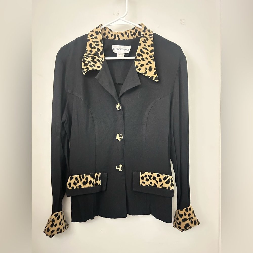 Black Blazer with Leopard Print Accents